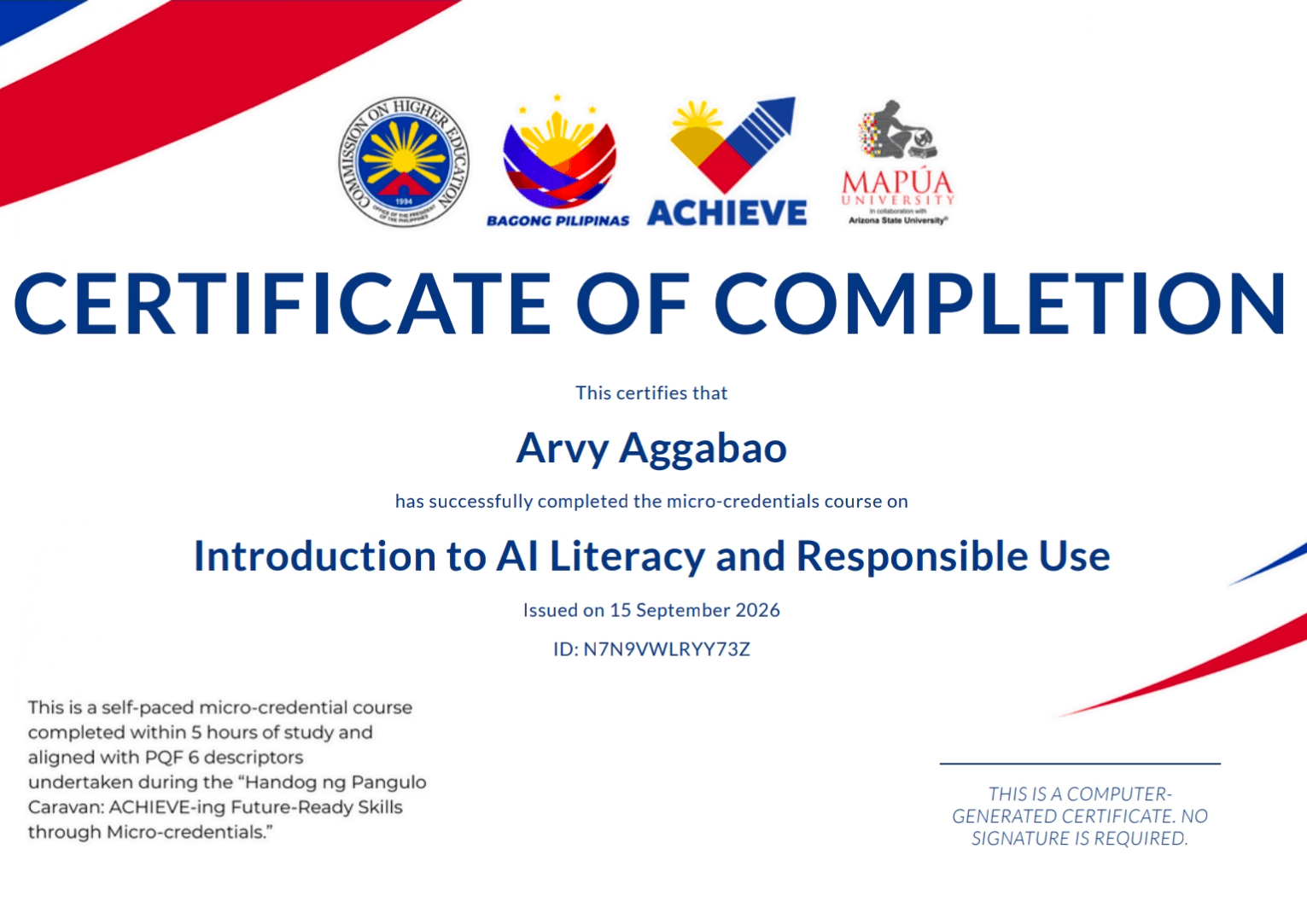 CHED certificate of completion for Introduction to AI Literacy and Responsible Use