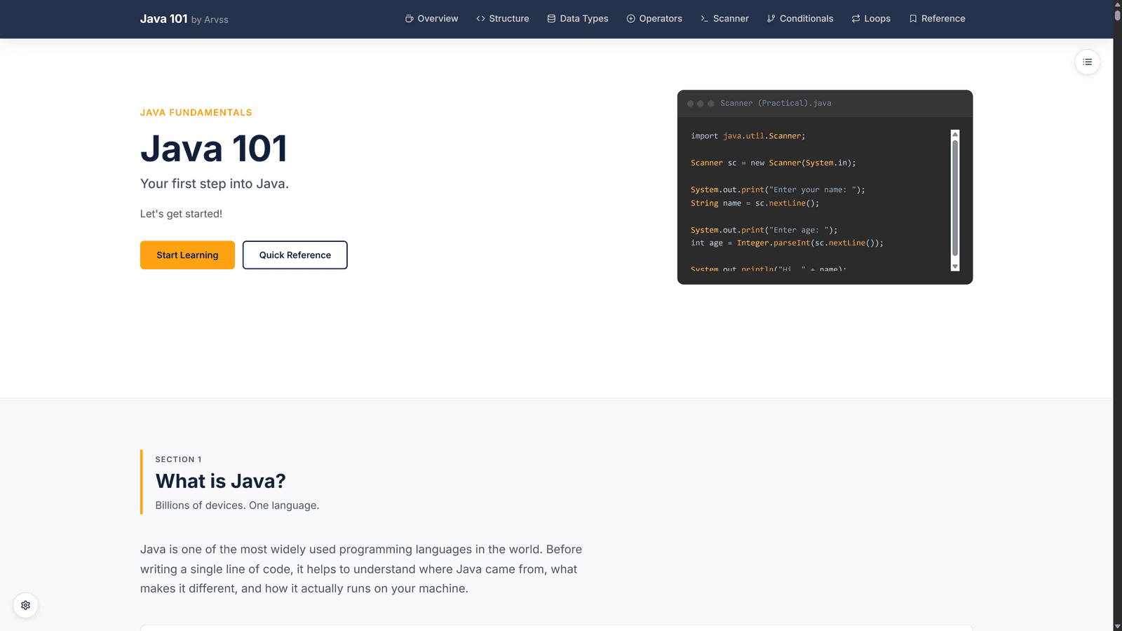 Screenshot of the Java fundamentals learning website
