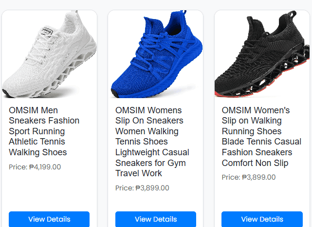 Screenshot of the shoe store e-commerce site with product listings and cart